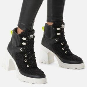 Sorel Brex Heel Cozy Lace Boots Leather Faux Fur Booties Black Size 9.5 NEW